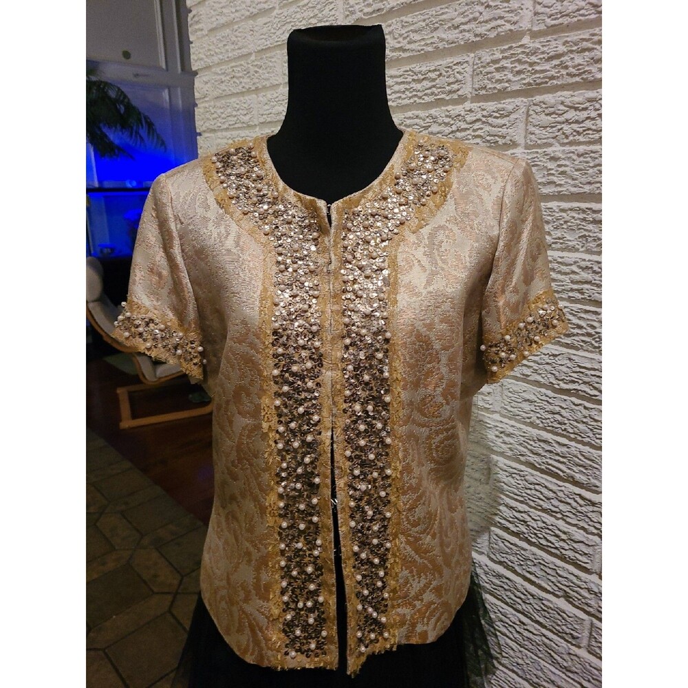 New WD NY SZ 14 100% Silk Top Brocade jacket Gold Sequins pearls lace, lined